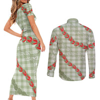 Omaomao Aloha Hawaii Couples Matching Short Sleeve Bodycon Dress and Long Sleeve Button Shirt Rosebud Lei With Palaka Motif - Polynesian Pride