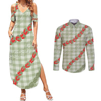 Omaomao Aloha Hawaii Couples Matching Summer Maxi Dress and Long Sleeve Button Shirt Rosebud Lei With Palaka Motif - Polynesian Pride