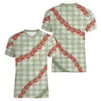 Omaomao Aloha Hawaii Women V-Neck T-Shirt Rosebud Lei With Palaka Motif - Polynesian Pride