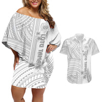 Samoa White Sunday Couples Matching Off Shoulder Short Dress and Hawaiian Shirt Manuia le Aso Sa o Tamaiti Polynesian Plumeria LT14 White - Polynesian Pride