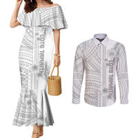 Personalised Samoa White Sunday Couples Matching Mermaid Dress and Long Sleeve Button Shirts Manuia le Aso Sa o Tamaiti Polynesian Plumeria LT14 White - Polynesian Pride