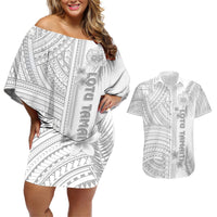 Personalised Samoa White Sunday Couples Matching Off Shoulder Short Dress and Hawaiian Shirt Manuia le Aso Sa o Tamaiti Polynesian Plumeria LT14 White - Polynesian Pride