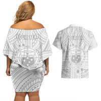 Personalised Samoa White Sunday Couples Matching Off Shoulder Short Dress and Hawaiian Shirt Manuia le Aso Sa o Tamaiti Polynesian Plumeria LT14 - Polynesian Pride