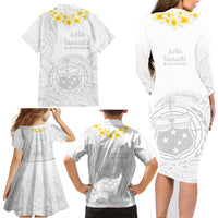 Samoa White Sunday Family Matching Long Sleeve Bodycon Dress and Hawaiian Shirt Lotu Tamaiti 2023 With Coat Of Arms LT14 - Polynesian Pride