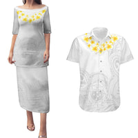 Personalised Samoa White Sunday Couples Matching Puletasi Dress and Hawaiian Shirt Lotu Tamaiti 2023 With Coat Of Arms LT14 White - Polynesian Pride
