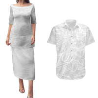 Polynesia White Sunday Couples Matching Puletasi Dress and Hawaiian Shirt Polynesian Pattern With Tropical Flowers LT14 White - Polynesian Pride