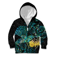 New Zealand Fantail Bird Kid Hoodie Maori Piwakawaka Kowhai - Paua Shell Pattern