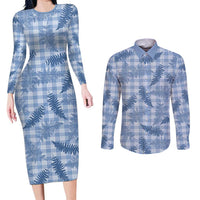Blue Palaka Hawaii Palapalai Couples Matching Long Sleeve Bodycon Dress and Long Sleeve Button Shirt Hawaiian Fern LT14 Blue - Polynesian Pride