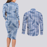 Blue Palaka Hawaii Palapalai Couples Matching Long Sleeve Bodycon Dress and Long Sleeve Button Shirt Hawaiian Fern LT14 - Polynesian Pride