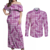 Pink Palaka Hawaii Palapalai Couples Matching Off Shoulder Maxi Dress and Long Sleeve Button Shirt Hawaiian Fern LT14 Pink - Polynesian Pride