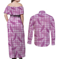 Pink Palaka Hawaii Palapalai Couples Matching Off Shoulder Maxi Dress and Long Sleeve Button Shirt Hawaiian Fern LT14 - Polynesian Pride
