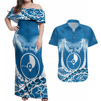 FSM Yap Day Couples Matching Off Shoulder Maxi Dress and Hawaiian Shirt 2025 Wa'ab Micronesia Flag Color