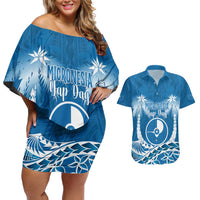 FSM Yap Day Couples Matching Off Shoulder Short Dress and Hawaiian Shirt 2025 Wa'ab Micronesia Flag Color