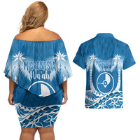 FSM Yap Day Couples Matching Off Shoulder Short Dress and Hawaiian Shirt 2025 Wa'ab Micronesia Flag Color