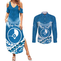 FSM Yap Day Couples Matching Summer Maxi Dress and Long Sleeve Button Shirt 2025 Wa'ab Micronesia Flag Color