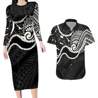 Aloha Hawaii Kalo Pikake Lei Couples Matching Long Sleeve Bodycon Dress and Hawaiian Shirt Chest Tattoo Black Hawaiian Pattern
