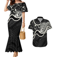 Aloha Hawaii Kalo Pikake Lei Couples Matching Mermaid Dress and Hawaiian Shirt Chest Tattoo Black Hawaiian Pattern