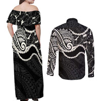 Aloha Hawaii Kalo Pikake Lei Couples Matching Off Shoulder Maxi Dress and Long Sleeve Button Shirt Chest Tattoo Black Hawaiian Pattern