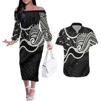 Aloha Hawaii Kalo Pikake Lei Couples Matching Off The Shoulder Long Sleeve Dress and Hawaiian Shirt Chest Tattoo Black Hawaiian Pattern