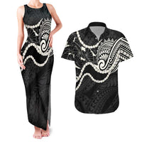 Aloha Hawaii Kalo Pikake Lei Couples Matching Tank Maxi Dress and Hawaiian Shirt Chest Tattoo Black Hawaiian Pattern