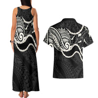Aloha Hawaii Kalo Pikake Lei Couples Matching Tank Maxi Dress and Hawaiian Shirt Chest Tattoo Black Hawaiian Pattern