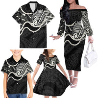 Aloha Hawaii Kalo Pikake Lei Family Matching Off The Shoulder Long Sleeve Dress and Hawaiian Shirt Chest Tattoo Black Hawaiian Pattern
