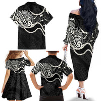 Aloha Hawaii Kalo Pikake Lei Family Matching Off The Shoulder Long Sleeve Dress and Hawaiian Shirt Chest Tattoo Black Hawaiian Pattern