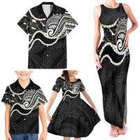 Aloha Hawaii Kalo Pikake Lei Family Matching Tank Maxi Dress and Hawaiian Shirt Chest Tattoo Black Hawaiian Pattern