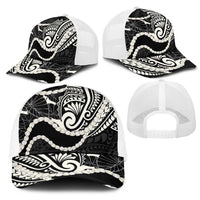 Aloha Hawaii Kalo Pikake Lei Mesh Trucker Cap Chest Tattoo Black Hawaiian Pattern