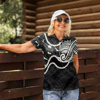 Aloha Hawaii Kalo Pikake Lei Women Polo Shirt Chest Tattoo Black Hawaiian Pattern