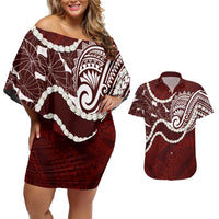 Aloha Hawaii Kalo Pikake Lei Couples Matching Off Shoulder Short Dress and Hawaiian Shirt Chest Tattoo Oxblood Hawaiian Pattern
