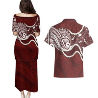 Aloha Hawaii Kalo Pikake Lei Couples Matching Puletasi and Hawaiian Shirt Chest Tattoo Oxblood Hawaiian Pattern