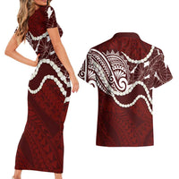 Aloha Hawaii Kalo Pikake Lei Couples Matching Short Sleeve Bodycon Dress and Hawaiian Shirt Chest Tattoo Oxblood Hawaiian Pattern