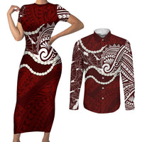 Aloha Hawaii Kalo Pikake Lei Couples Matching Short Sleeve Bodycon Dress and Long Sleeve Button Shirt Chest Tattoo Oxblood Hawaiian Pattern LT14 Oxblood - Polynesian Pride