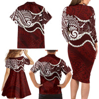 Aloha Hawaii Kalo Pikake Lei Family Matching Long Sleeve Bodycon Dress and Hawaiian Shirt Chest Tattoo Oxblood Hawaiian Pattern