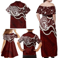 Aloha Hawaii Kalo Pikake Lei Family Matching Off Shoulder Maxi Dress and Hawaiian Shirt Chest Tattoo Oxblood Hawaiian Pattern