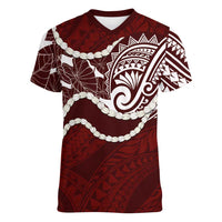 Aloha Hawaii Kalo Pikake Lei Women V-Neck T-Shirt Chest Tattoo Oxblood Hawaiian Pattern