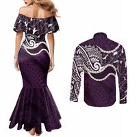 Aloha Hawaii Kalo Pikake Lei Couples Matching Mermaid Dress and Long Sleeve Button Shirt Chest Tattoo Purple Hawaiian Pattern
