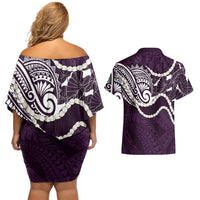 Aloha Hawaii Kalo Pikake Lei Couples Matching Off Shoulder Short Dress and Hawaiian Shirt Chest Tattoo Purple Hawaiian Pattern