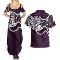 Aloha Hawaii Kalo Pikake Lei Couples Matching Summer Maxi Dress and Hawaiian Shirt Chest Tattoo Purple Hawaiian Pattern