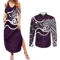 Aloha Hawaii Kalo Pikake Lei Couples Matching Summer Maxi Dress and Long Sleeve Button Shirt Chest Tattoo Purple Hawaiian Pattern