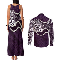 Aloha Hawaii Kalo Pikake Lei Couples Matching Tank Maxi Dress and Long Sleeve Button Shirt Chest Tattoo Purple Hawaiian Pattern