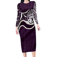 Aloha Hawaii Kalo Pikake Lei Family Matching Long Sleeve Bodycon Dress and Hawaiian Shirt Chest Tattoo Purple Hawaiian Pattern