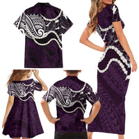 Aloha Hawaii Kalo Pikake Lei Family Matching Short Sleeve Bodycon Dress and Hawaiian Shirt Chest Tattoo Purple Hawaiian Pattern