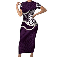 Aloha Hawaii Kalo Pikake Lei Family Matching Short Sleeve Bodycon Dress and Hawaiian Shirt Chest Tattoo Purple Hawaiian Pattern