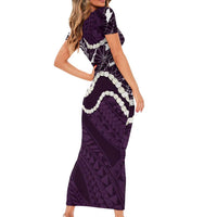 Aloha Hawaii Kalo Pikake Lei Family Matching Short Sleeve Bodycon Dress and Hawaiian Shirt Chest Tattoo Purple Hawaiian Pattern