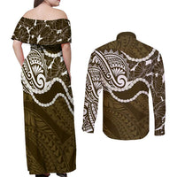 Aloha Hawaii Kalo Pikake Lei Couples Matching Off Shoulder Maxi Dress and Long Sleeve Button Shirt Chest Tattoo Gold Hawaiian Pattern