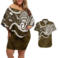 Aloha Hawaii Kalo Pikake Lei Couples Matching Off Shoulder Short Dress and Hawaiian Shirt Chest Tattoo Gold Hawaiian Pattern