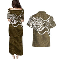 Aloha Hawaii Kalo Pikake Lei Couples Matching Puletasi and Hawaiian Shirt Chest Tattoo Gold Hawaiian Pattern