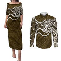 Aloha Hawaii Kalo Pikake Lei Couples Matching Puletasi and Long Sleeve Button Shirt Chest Tattoo Gold Hawaiian Pattern